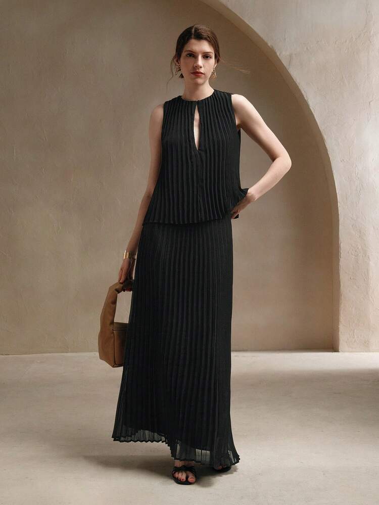 2pcs 2024 Summer New Arrivals French Simple Pleated Sleeveless Top And Skirt Set