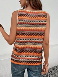 INAWLY Women's Keyhole Neck Striped Printed Casual Tank Top - Orange - View 2