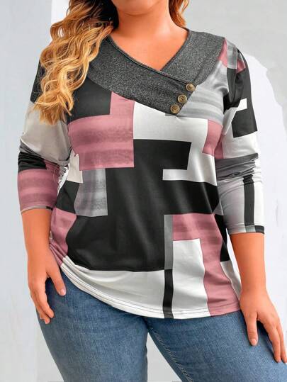 EMERY ROSE 大码春秋季休闲撞色几何印花长袖T恤女式上衣