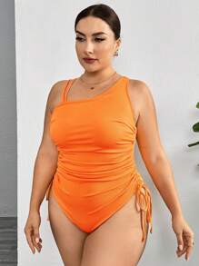 SHEIN Swim Curve 大碼夏季海灘不對稱領口束口連體泳衣游泳衣 - 橘色 - 查看 5