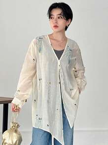 FRIFUL Bluză transparentă asimetrică brodată lejeră pentru femei, haine de toamnă pentru femei cu mânecă lungă