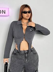 SHEIN ICON Plus Size Asymmetrical Hem Ribbed Knit T-Shirt With Button Details