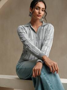 Anewsta Women's Casual Gray & White Contrast Color Hollow Knit Sweater