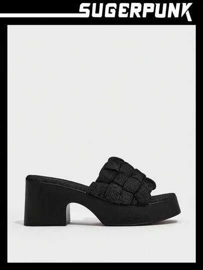 Sugerpunk 女士編織設計防水台穆勒涼鞋,度假戶外牛仔坡跟涼鞋