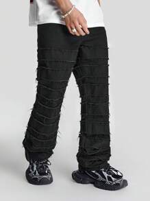 Manfinity Roghcode Men's Black Denim Frayed Trim Skinny Jeans Slim Fit Plain Black Jeans, For Husband, Boyfriend Gifts