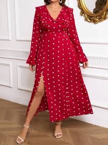 SHEIN Clasi Damen Kleid in großen Größen mit Rüschen, Pünktchen-Muster und Schlitz am Saum, elegantes Design für Frühling und Sommer - Bordeaux - Übersicht 5