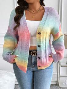 SHEIN Franclia Plus Size Rainbow Gradient Knitted Cardigan - Multicolor - View 5