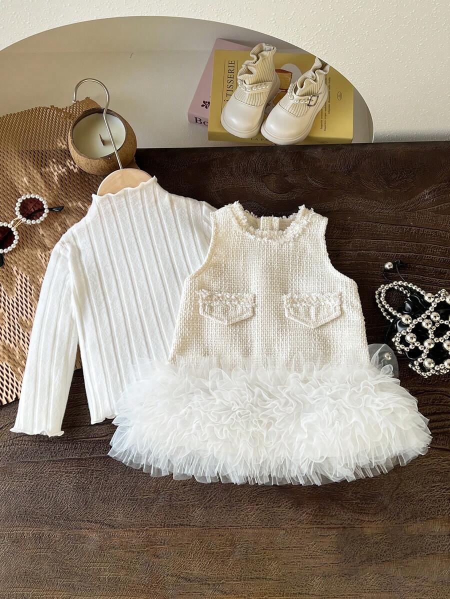 SHEIN Elladie kids 2pcs Baby Girl Layered Mesh Ruffle Hem Solid Color Sleeveless Zipper Dress & Ribbed High Neck Long Sleeve Ruffled Top, Cute & Comfy Sweater Set For Spring Autumn Winter - Beige - View 1