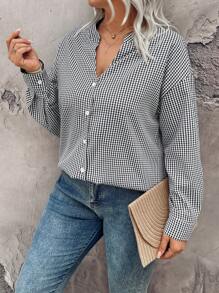 大码女式格子印花简约长袖衬衫 - 彩色 - 查看 1