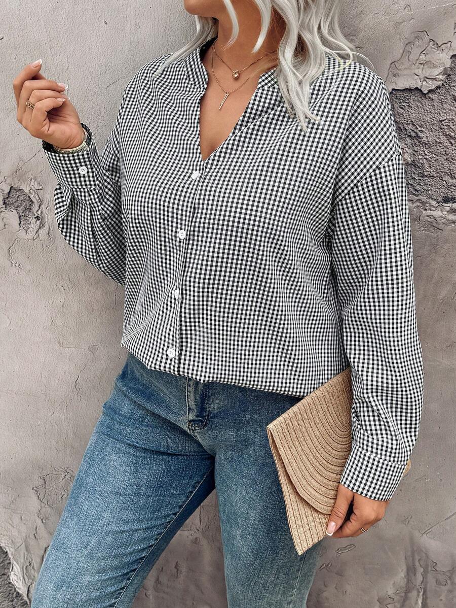 大码女式格子印花简约长袖衬衫 - 彩色 - 查看 1