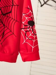 SHEIN Girls' Spider Web Pattern Print Casual Loose Hooded Long Sleeve Jacket, Suitable For Party And Gathering