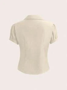 Elamini Áo sơ mi tay ngắn ôm vừa vặn cổ chữ V khoét sâu dành cho nữ, trang phục công sở thời trang, áo tay ngắn - Màu be - Xem 2