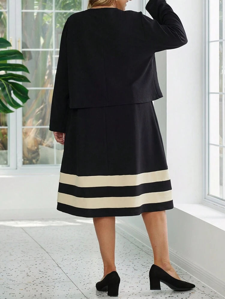 Plus Size Striped Print Sleeveless Top And Solid Beaded Long Sleeve Jacket Elegant 2pcs Set