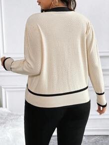 Franclia Plus Size V-Neck Pocket Color Block Long Sleeve Knit Sweater, Slim Fit Luxurious French Style For Autumn/Winter