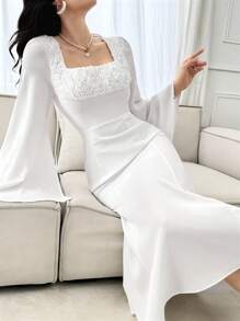 Modelyn Sukienka damska na lato z kwadratowym dekoltem w jednolitym kolorze, rozkloszowanymi rękawami, plisowana, pasująca na imprezę, sukienka wieczorowa, biała sukienka