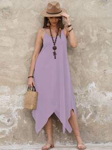 SHEIN BohoFeels Women Casual Solid Color Asymmetric Hem Slip Dress