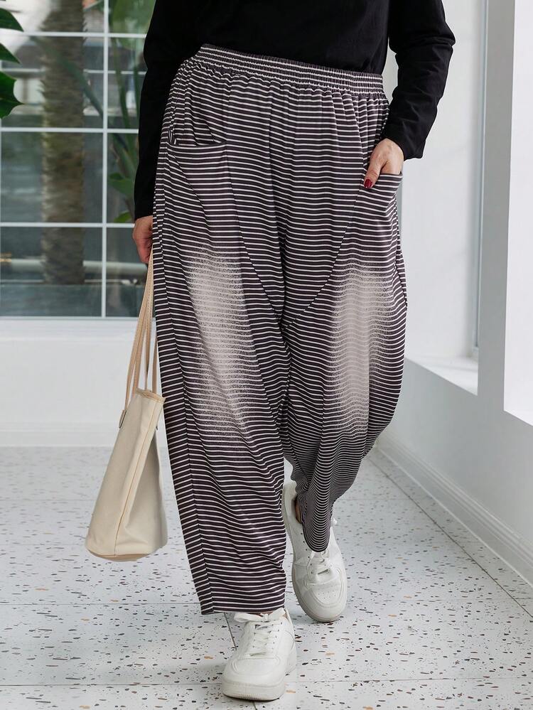 Plus Size Women's Elastic Waist Striped Pocketed Wide Leg Loose Casual Sweatpants