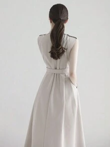 DAZY Abrigo trench sin mangas con cintura ceñida, de doble botonadura y solapa, de un solo color, para mujer de primavera/verano