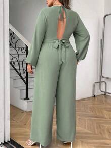 SHEIN Clasi 2pcs Women's Plus Size Solid Color V-Neck Crop Top And High-Waist Wide Leg Pants With Slits Set - Green - View 2
