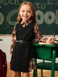 SHEIN Explorewe Girls 2 Pieces Outfit - Plaid Collared Shirt Dress With V-Neck Vest And Detachable Belt, Spring/Autumn - Black - View 4