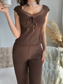 DUSKBASE Lace Patchwork V-Neck Tie Front Jacquard Short Sleeve Top And Pants Set Lounge Set - Coffee Brown - View 6