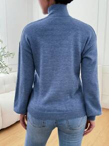 Chiquease Women's Solid Color Simple Everyday Hollow Out High Neck Long Sleeve Sweater Knit Pullover Fall Winter Outfit - Blue - View 2