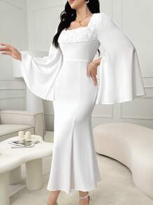 Modelyn Sukienka damska na lato z kwadratowym dekoltem w jednolitym kolorze, rozkloszowanymi rękawami, plisowana, pasująca na imprezę, sukienka wieczorowa, biała sukienka