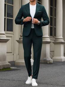 Manfinity Mode Men's Lapel Neck Long Sleeve Suit Jacket And Pants Business Casual 2-Piece Set, Spring & Fall, Men Green Suit, Hunter Green Men Suit, Men Casual Suits - Dark Green - View 4