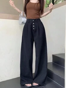 字母印花纽扣休闲阔腿牛仔裤，日常穿着