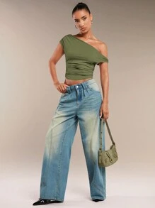 SHEIN BAE Women's Solid Color Ruched Asymmetric Shoulder Summer Blouse - Army Green - View 3