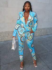 Slaydiva Traje de chaqueta y pantalón de mujer de estilo elegante y casual de temporada otoñal, con chaqueta de solapa de manga larga y pantalón corte slim con estampado barroco azul en toda la Bottom.