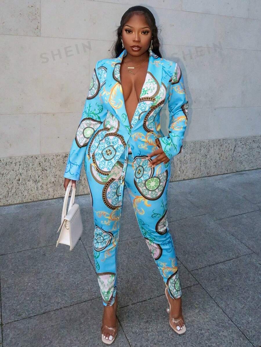 Slaydiva Traje de chaqueta y pantalón de mujer de estilo elegante y casual de temporada otoñal, con chaqueta de solapa de manga larga y pantalón corte slim con estampado barroco azul en toda la Bottom.