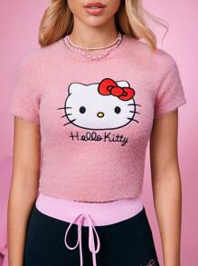 HELLO KITTY AND FRIENDS | SHEIN Pink Embroidered Cartoon Pattern Fluffy Knit Top - Pink - View 3