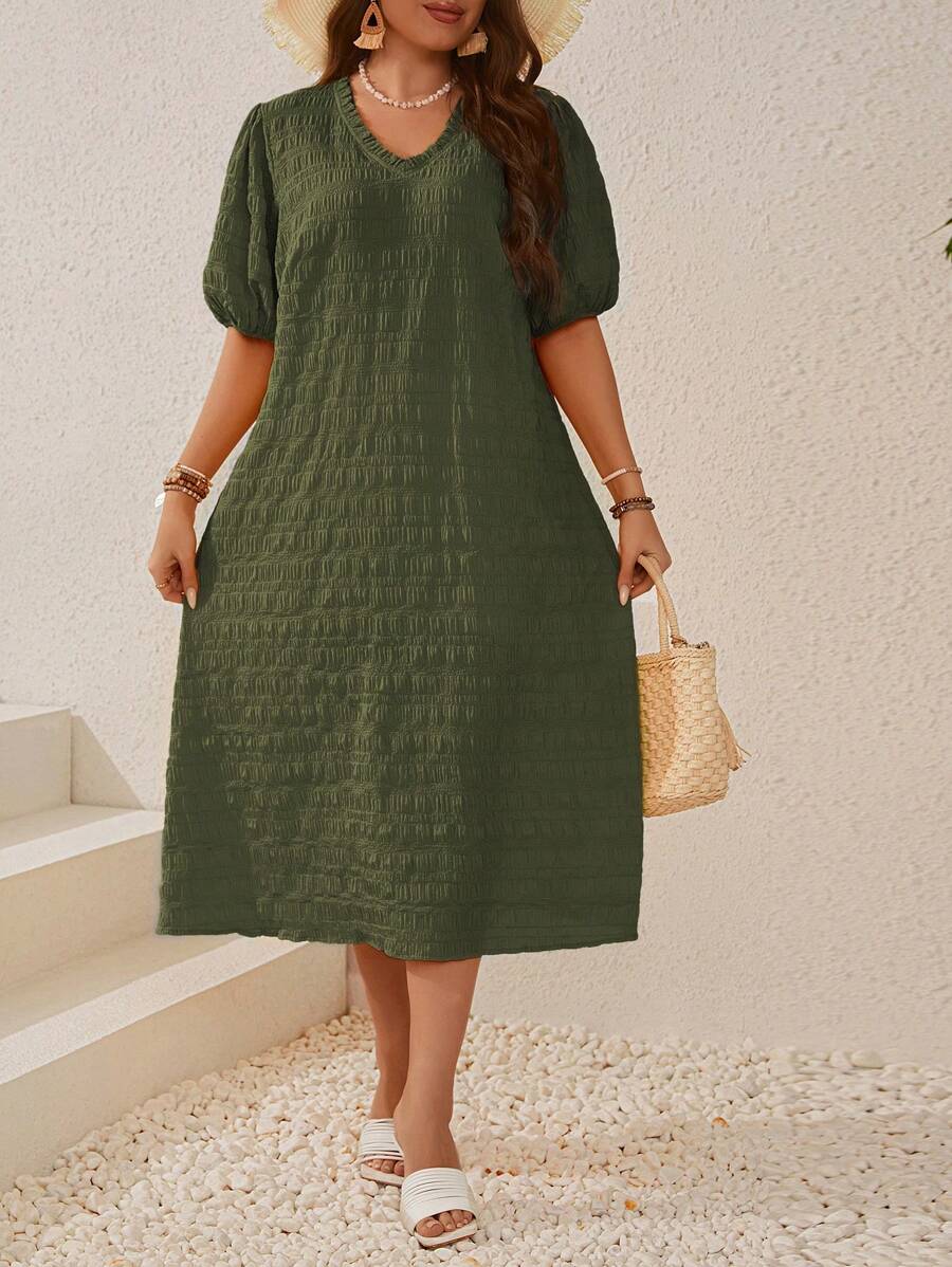 EMERY ROSE Plus Size Women's Textures Ruffled Edge V-Neck Puff Sleeve Yellow Dress For Summer - Army Green - View 1