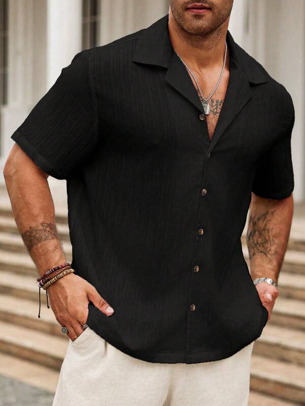 Manfinity Homme Plus Size Men's Solid Color Casual Henley Short Sleeve Shirt, Summer