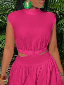 Slaydiva Casual Vacation Plain Sleeveless High Neck Cropped White Loose Dress For Women - M - Hot Pink - View 5