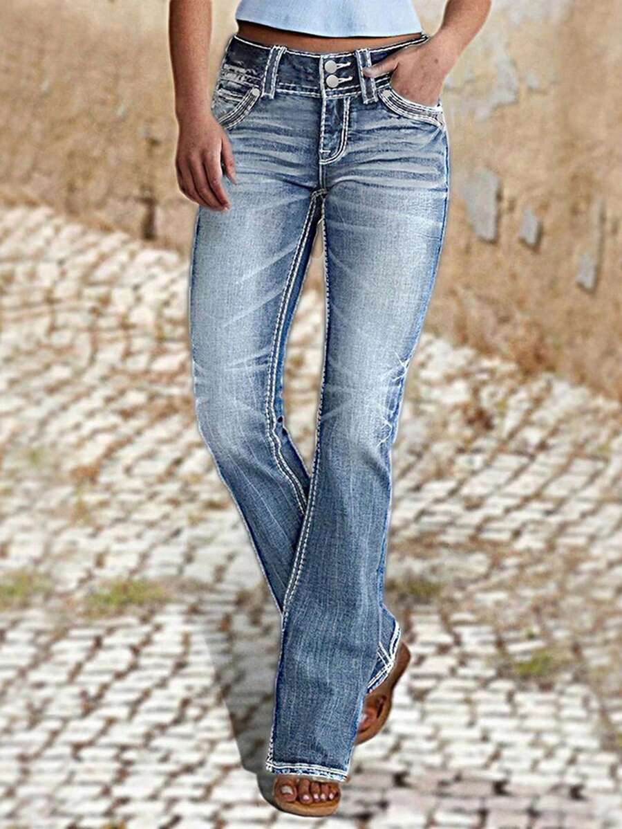 Women's Slant Pocket Fashion Washed Flare Leg Jeans,Ladies Casual Button,Pocket,Zipper Natural Flare Leg,Skinny Long Light Wash Skinny Women Jeans,Spring/Fall,Casual Daily Wear - Light Wash - View 1