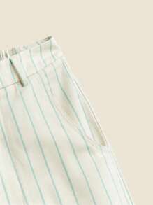 THE HAPPY LOOK Pantalones largos casuales, rectos y relajados con estampado a rayas, tela tejida, aptos para niñas adolescentes en primavera, verano, otoño e invierno - Beis - Ver 3