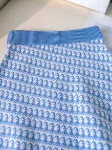 SHEIN 2pcs/Set Young Girl Knitted Cardigan Sweater And Mini Skirt Outfit, New Fashion For Fall/Winter. The Light Blue Soft Fabric And Gentle Pattern Make The Garment Elegant And Sweet. The Charming Bow Adds A Lively And  Touch. The Buttons Are Exquisite And Luxurious. Suitable For Wearing In Autumn And Winter. The Soft And Skin-Friendly Material Is Lightweight And Comfortable, Making It More Cozy To Wear. Suitable For Various Occasions, The Cardigan Is Easy To Put On And Off To Better Adapt To The Autumn And Winter Climate, And The Mini Skirt Can Be Matched With Other Styles To Show The Academic Good Girl Vibe, Suitable For Home Leisure, Campus Gatherings, Street Walks, Holiday Parties, And More. - Blue - View 8