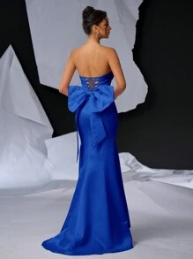 Glamrae Elegant Romantic Strapless Lace Embroidered Pearl Beaded Backless Adjustable Tie Waist Mermaid Hem Evening Party Dress Prom Semi Formal Wedding Guest Dress, For Birthday, Graduation, Homecoming