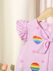 SHEIN Kleinkind Mädchen Sommerkleid, leicht, süß, lustiges Regenbogen-Tupfen-Herz-Muster mit Schleifen-Dekor, Prinzessin Kleid mit Puffärmeln für Geburtstag, Hochzeit, Taufe