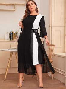 SHEIN Clasi Plus Colorblock Mesh Overlay Pleated Detail Dress