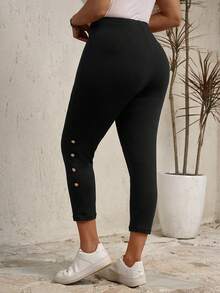 EMERY ROSE Quần legging trang trí nút thông thường hàng ngày dành cho nữ có kích thước lớn - màu đen - Xem 2