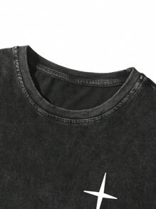 Manfinity EMRG 男士圆领图案印花短袖休闲 T 恤，适合外出、男友礼物 - 黑色 - 查看 5