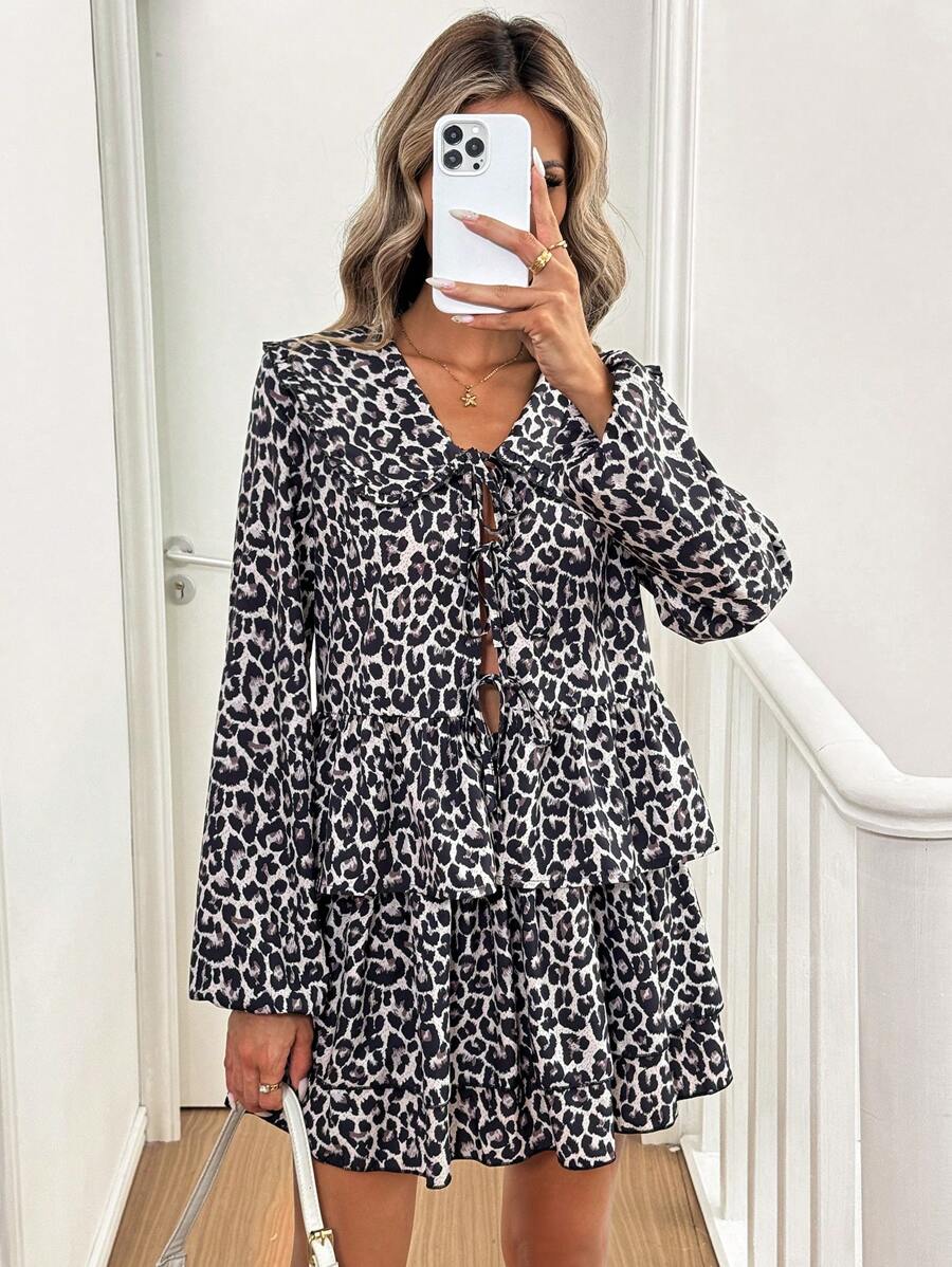 SHEIN LUNE 2pcs Women's Leopard Print Long Sleeve Top & Mini Skirt Set (Assorted Patterns) - Khaki - View 1