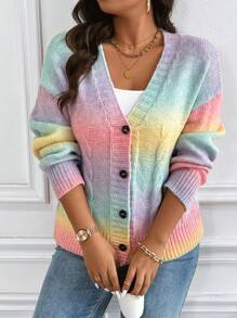 SHEIN Franclia Plus Size Rainbow Gradient Knitted Cardigan - Multicolor - View 3