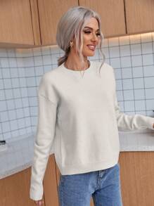 SHEIN LUNE Plain Crew Neck Long Sleeve Minimalist Knitted Sweater, Casual Everyday Wear,Long Sleeve Tops, Fall Winter - White - View 3
