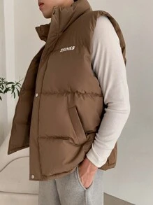 DAZY Men's Padded Vest With Letter Print, Winter Jacket - Khaki - View 16