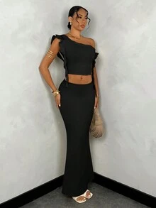 SHEIN BAE Conjunto de blusa con hombro asimétrico con volantes de unicolor de verano + falda de satén con cola de pez - Negro - Ver 3