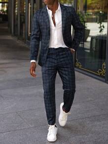 Calvornis Men's Printed Long Sleeve Top And Pants, Simple Daily Formal Suit Set Fall Business Dress Outfits - Navy Blue - View 1